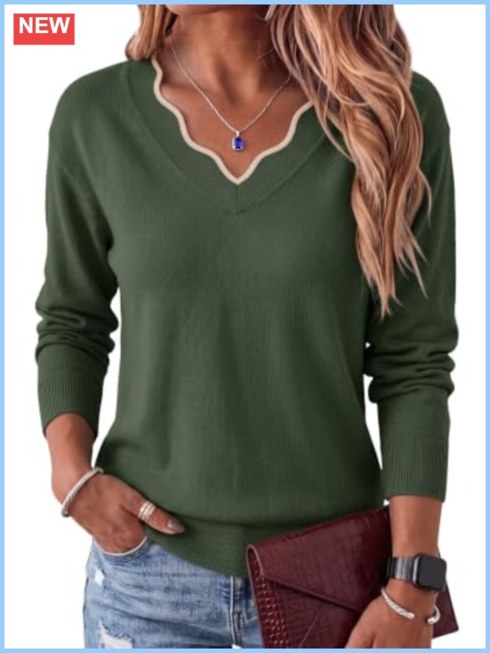 Dokotoo V Neck Long Sleeve Pullover Sweater Ribbed Scallop Trim